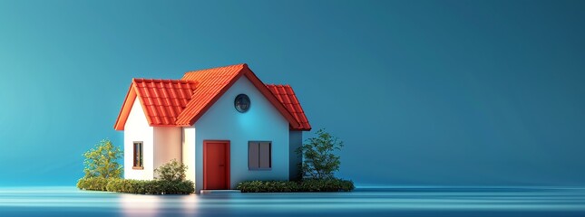 Charming 3D illustration of a small, colorful house with red roof and a neatly trimmed hedge against a clear blue sky.