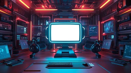 A high-tech cybersecurity command center with multiple blank screens and neon lighting, designed for advanced digital operations.