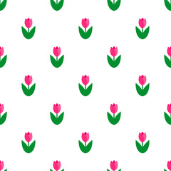 Delicate cute seamless floral pattern with pink tulips on a light white background. Vector illustration