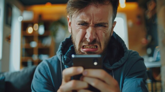 Frustrated annoyed smartphone user upset about problems with mobile phone, online app, virtual services, errors, mistakes, holding cellphone, looking at screen with frowning, angry, upset face