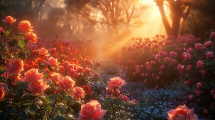 Obraz na płótnie Canvas A dew-kissed rose garden at dawn