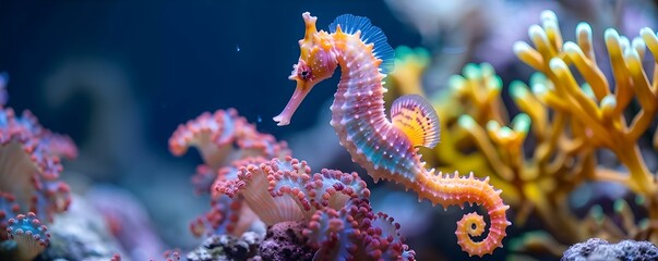 Seahorse Clinging to Coral Up Close. Concept Marine Life, Underwater Photography, Close-up Shot, Coral Reef Ecosystem, Seahorse Behavior - obrazy, fototapety, plakaty