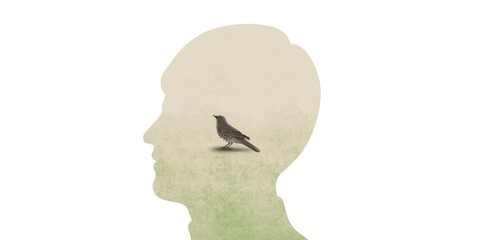 Lonely bird in man head. solitude and loneliness concept.