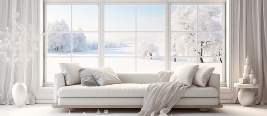 A white couch is placed in front of a window, offering a view of a winter landscape. The room features a Scandinavian interior design with a minimalist aesthetic.