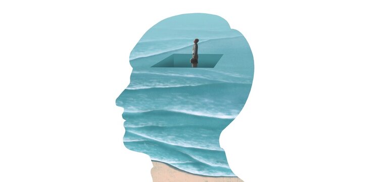 Lonely man and the sea. loneliness, depression and sadness conceptual art.