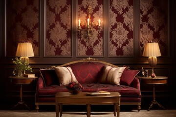 A room adorned with burgundy and gold damask-patterned wallpaper, creating a sense of timeless sophistication. Vintage furniture pieces and antique accents, complementing the intricate damask design.