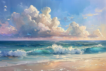 A serene seascape painting features subtle clouds drifting above tranquil waters. Soft hues and gentle brushstrokes evoke a sense of calmness and tranquility, capturing the beauty of the sea and sky i