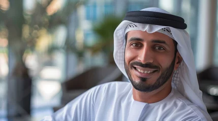 Zelfklevend Fotobehang Happy Emirati Arab at office wearing Kandura looking at front ideal for Middle East business concept © Sasint