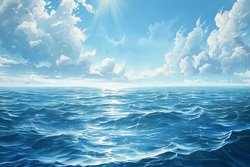 A serene seascape painting features subtle clouds drifting above tranquil waters. Soft hues and gentle brushstrokes evoke a sense of calmness and tranquility, capturing the beauty of the sea and sky i