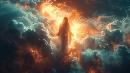 Resurrected Jesus ascends, divine realm.generative ai
