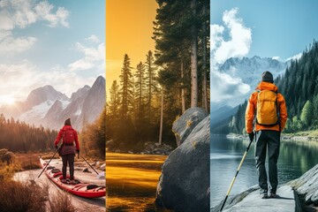 Photo collage of a man in a red jacket with a backpack and a stand up paddle-board. adventure and journey concept. vacation activities. traveling in different seasons and times.