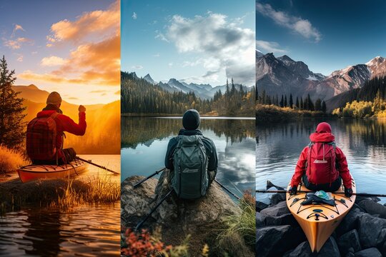 Collage of pictures of a man in a kayak on the shore of a mountain lake. kayaking adventure album. traveling and adventure concept. exploration and recreation.