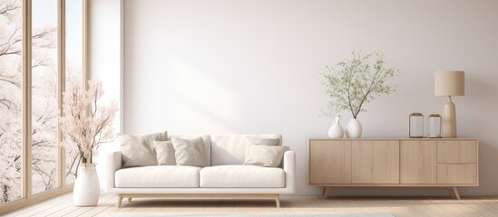 A modern living room featuring a white couch and a white rug. The room is decorated with vases on a dresser, wooden flooring, and wall decor. A large window offers a view of a white landscape.