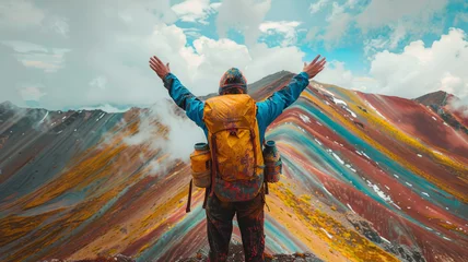 Papier Peint photo Vinicunca a man tourist is standing with both hands raised After successfully conquering the peak , on top of a mountain,Vinicunca Rainbow Mountain,generative ai