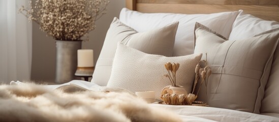 A bed with a neatly arranged white comforter and several pillows resting on top of it. The pillows are decorated with intricate patterns, adding a touch of elegance to the bedroom interior.