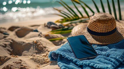 A smartphone on a blue beach towel next to a straw hat and sunglasses, capturing the essence of a sunny beach day.