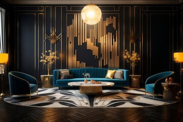 An opulent Art Deco interior with gilded accents, geometric patterns and luxurious materials. A glamorous living room featuring statement chandelier, mirrored furniture, and bold, contrasting colors. - obrazy, fototapety, plakaty