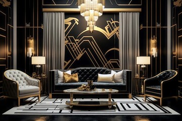 An opulent Art Deco interior with gilded accents, geometric patterns and luxurious materials. A glamorous living room featuring statement chandelier, mirrored furniture, and bold, contrasting colors. - obrazy, fototapety, plakaty