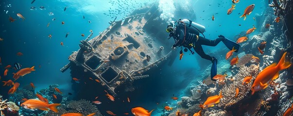 Diver Exploring Sunken Shipwreck Surrounded by Fish Underwater Scene. Concept Underwater Exploration, Sunken Shipwreck, Marine Life, Diver Photography, Ocean Adventure - obrazy, fototapety, plakaty