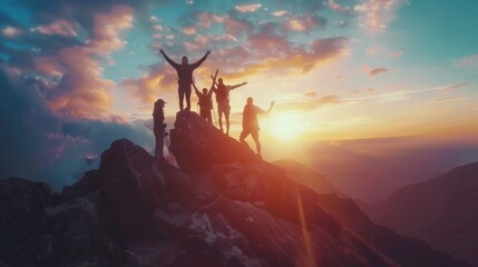 Male hiker celebrating success on top of a mountain in a majestic sunrise and Climbing group friends helping hike up .Teamwork , Helps ,Success, winner and Leadership - 754418456