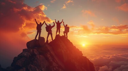Male hiker celebrating success on top of a mountain in a majestic sunrise and Climbing group friends helping hike up .Teamwork , Helps ,Success, winner and Leadership - obrazy, fototapety, plakaty