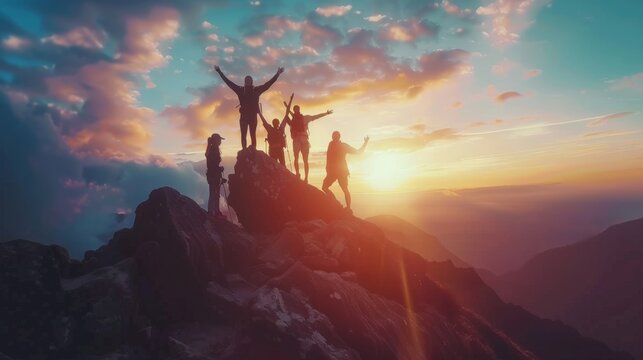 Male hiker celebrating success on top of a mountain in a majestic sunrise and Climbing group friends helping hike up .Teamwork , Helps ,Success, winner and Leadership