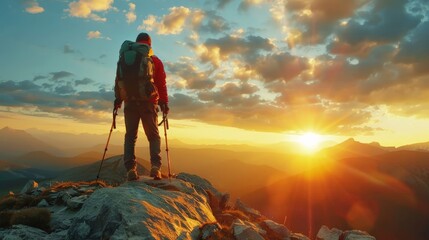 Male hiker with backpack walking on top rock mountain landscape and beautiful view sunset background.Hiker men's hiking living healthy active lifestyle. - obrazy, fototapety, plakaty