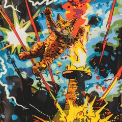 Vibrant comic-style illustration of a superhero cat leaping with an explosion backdrop, depicting dynamic action and pop culture.
