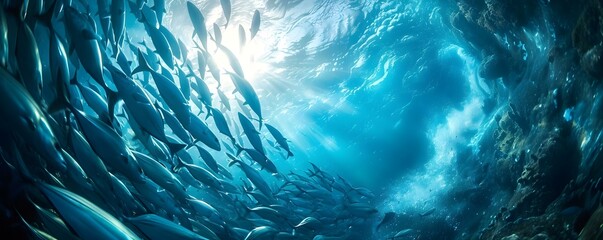 Formation of a Spiraling Dynamic Image by a School of Barracuda. Concept Underwater Photography, Marine Life, School of Fish, Dynamic Composition, Barracuda Schools