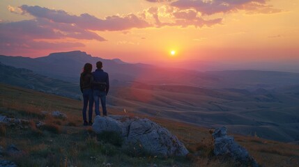 Man and women overview sunset landscape in Crimea mountain
