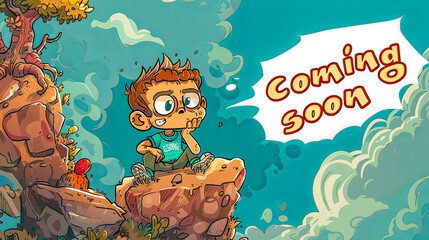 Excited boy cartoon with coming soon announcement