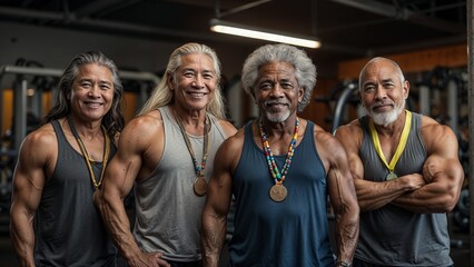 Grandparents don athletic attire for a group exercise session, demonstrating their commitment to fitness - obrazy, fototapety, plakaty