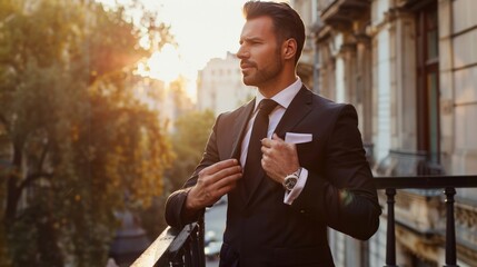 Man in expensive custom tailored suit standing and posing outdoors on balcony while fixing his cufflinks - obrazy, fototapety, plakaty