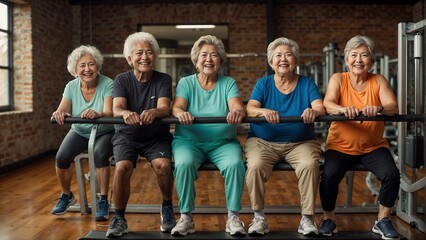 Grandfathers and grandmothers pose for a group picture at the gym, exemplifying the beauty of aging gracefully - obrazy, fototapety, plakaty