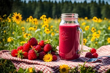 vibrant berry smoothie housed in a mason jar perched atop a classic red and white picnic blanket - obrazy, fototapety, plakaty