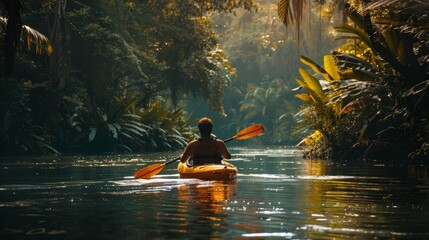 An adventurer kayaking down a serene river in a dense jungle