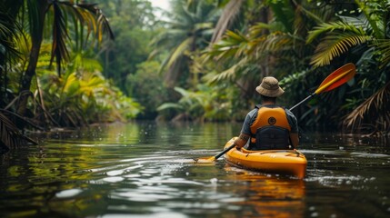 An adventurer kayaking down a serene river in a dense jungle