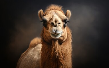 Fototapeta premium Portrait of a camel lstaring at the camera on a dark grey background
