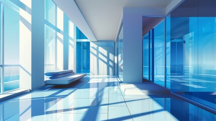 Fototapeta na wymiar Spacious and sleek corporate office interior with a blue color scheme, flooded with natural light. 