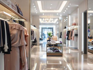 Women clothing and accessories in a luxury fashion store interior 