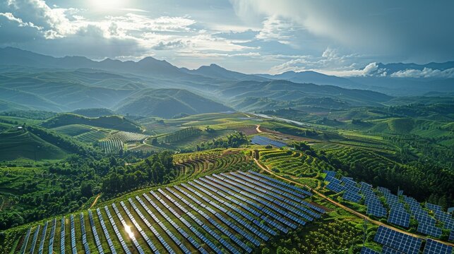 An aerial snapshot of a renewable energy farm amidst natural landscapes
