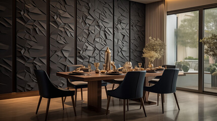 Exquisite dining room with an intricately designed wall made of textured tiles, incorporating unique patterns to enhance the overall aesthetic