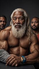 Fototapeta na wymiar Three elderly gentlemen radiate confidence in their fitness journey