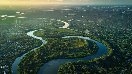 An aerial view of a river meandering through cities and forests - obrazy, fototapety, plakaty