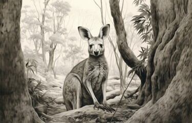 Kangaroo in the forest, black and white  - obrazy, fototapety, plakaty