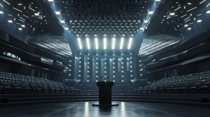 An expansive, futuristic auditorium bathed in soft blue light, featuring sleek, curving lines and a solitary podium