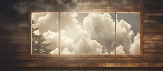 A window frame with a view of a sky filled with dense, grey clouds. The clouds obscure the sunlight, casting a dim light through the window onto the interior of the room.