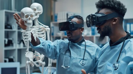 Multiracial men in medical gowns exploring 3d scull models in VR glasses and having the discussion.