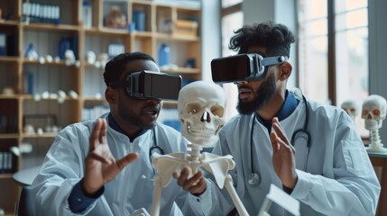 Multiracial men in medical gowns exploring 3d scull models in VR glasses and having the discussion.