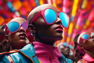 Vibrant fashion portrait of women with colorful sunglasses and style - obrazy, fototapety, plakaty
